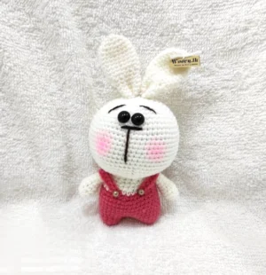 Front view of Woovy Crochet Amigurumi Off-White Bunny with Pink Dress, a handmade plush toy for children