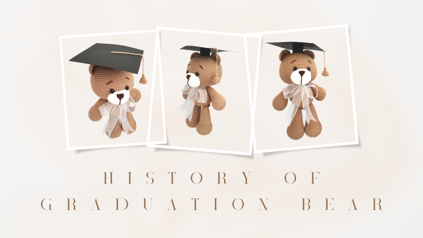 Three brown graduation bears wearing caps, one with a red tassel.