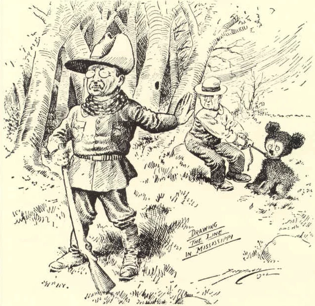 A political cartoon by Clifford Berryman from 1902 depicting President Theodore Roosevelt's bear hunting trip to Mississippi, which gave rise to the 'Teddy' Bear. In the cartoon, an attendant holds a tied-up bear by a rope while President Roosevelt stands nearby, pointing and saying "no"