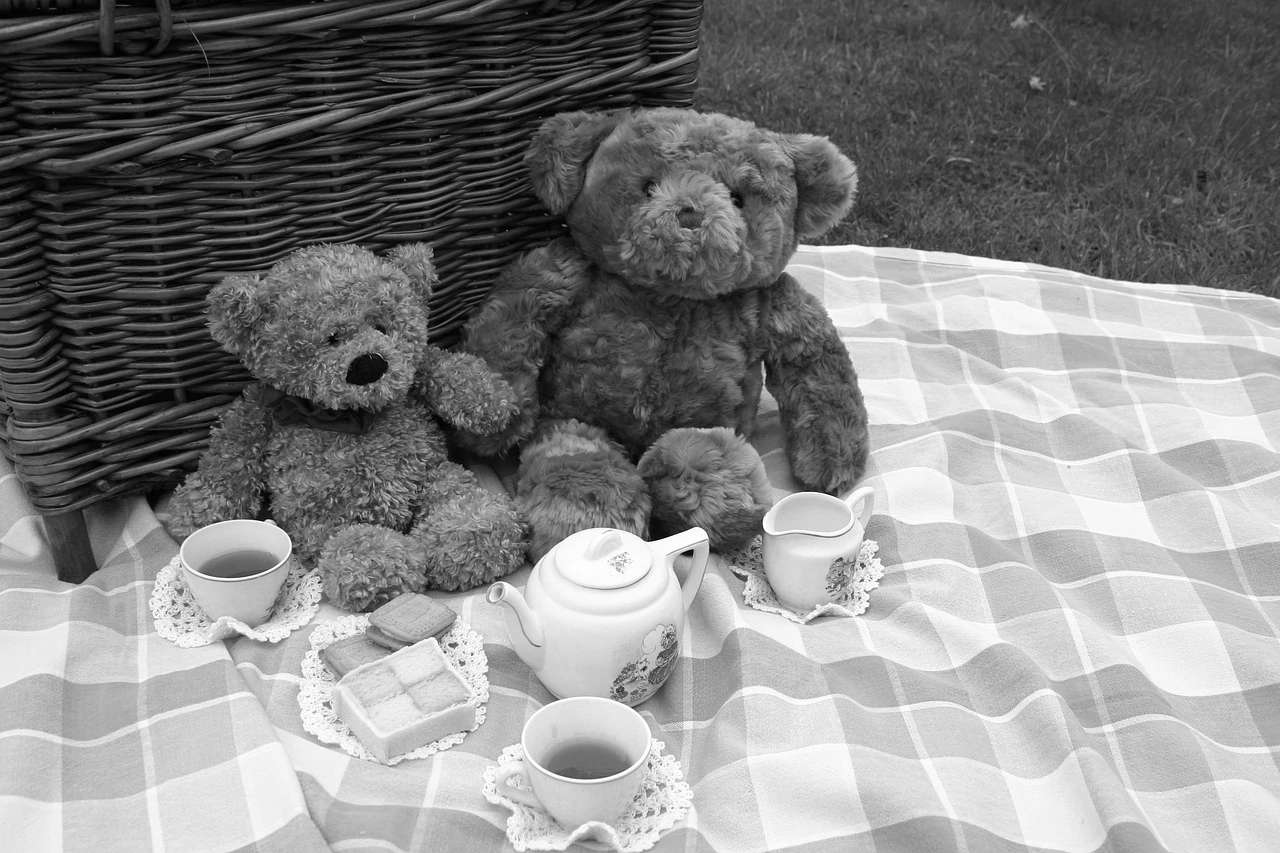 Two teddy bears enjoying a picnic together