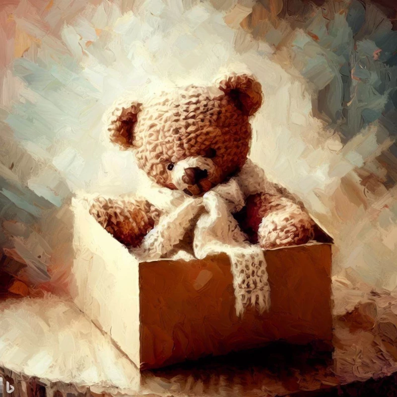 A crochet teddy bear nestled inside a gift box, waiting to bring joy and smiles on a special occasion.